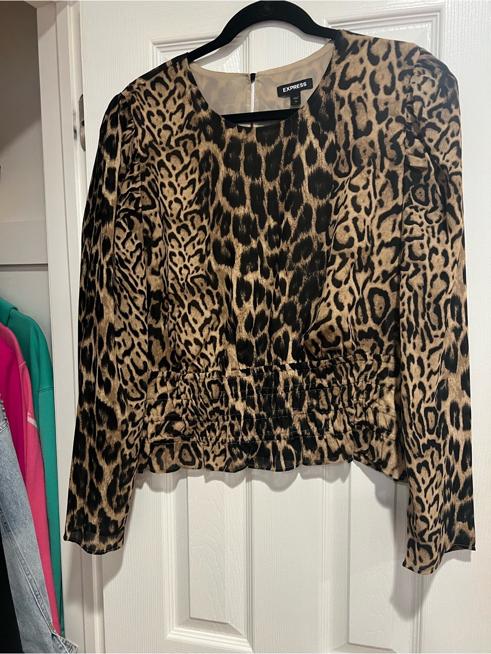 Express Leopard Print Long Sleeve Blouse in Tan and Black